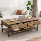 41" Rustic Coffee Table with 2 Storage Drawers, Rectangular Coffee Tables w/Storage Shelf and Metal Legs, Industrial Large Coffee Table for Living Room Office Apartment