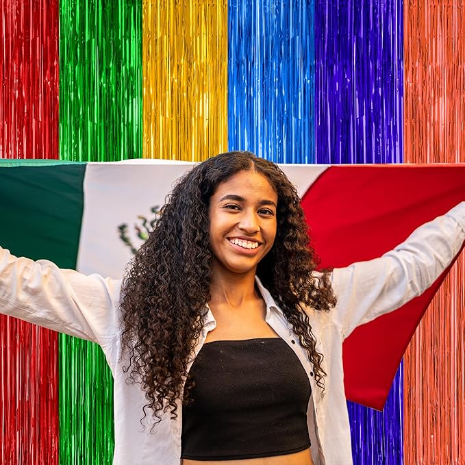 2 Pack Cinco De Mayo Decorations, 3.28 FT x 7.05 FT Fiesta Rainbow Backdrop, Mexican Style Fringe Curtains Tinsel Backdrop Party Streamer, Metallic Taco Party Decorations Mexican Decor