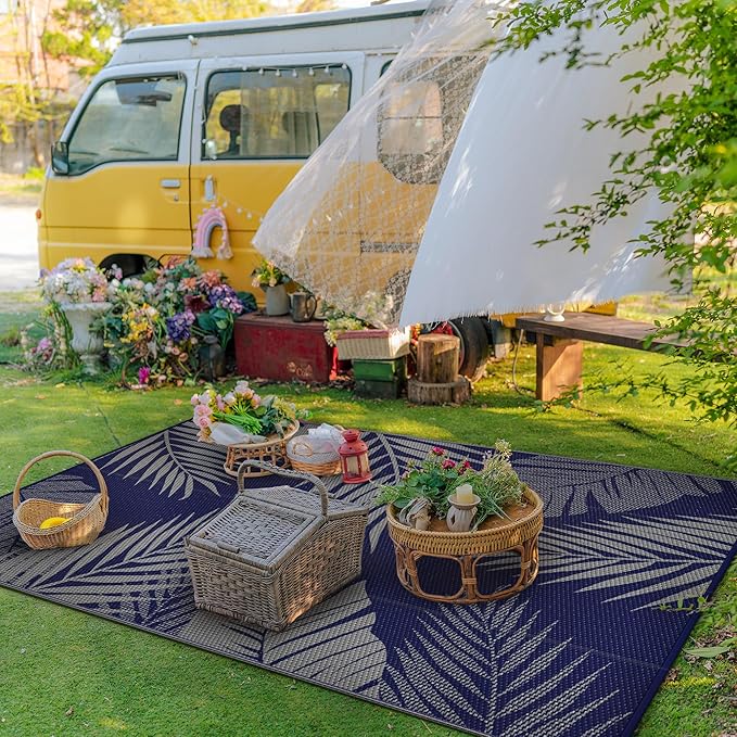 GENIMO Outdoor Rug 6' x 9' Waterproof for Patios Clearance, Reversible Outdoor Plastic Straw Camping Rug Carpet, Large Area Rugs Mats for RV, Camper, Deck, Balcony, Porch, Beach, Picnic Navy Blue&Grey