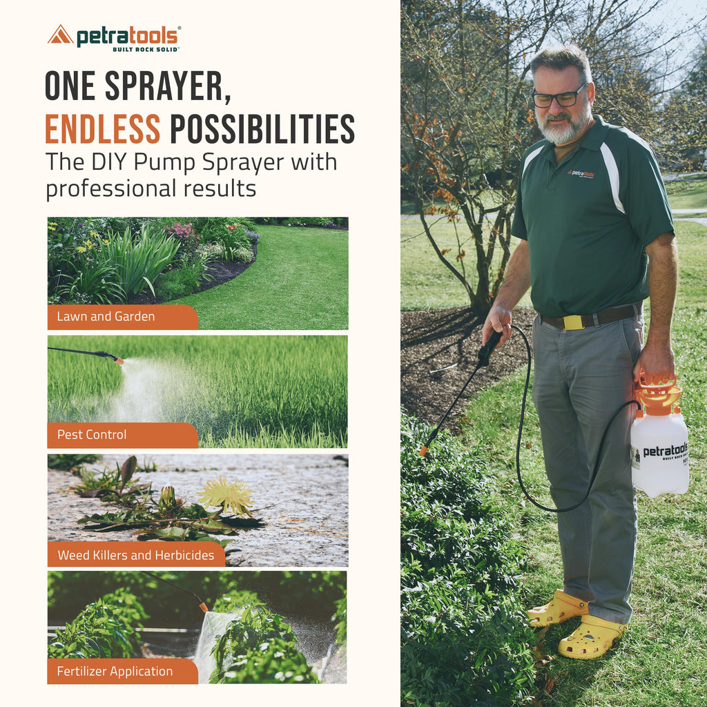 PetraTools HD101 Garden Pump Sprayer, 52-in Long Hose & 2 Nozzles, 1 Gallon