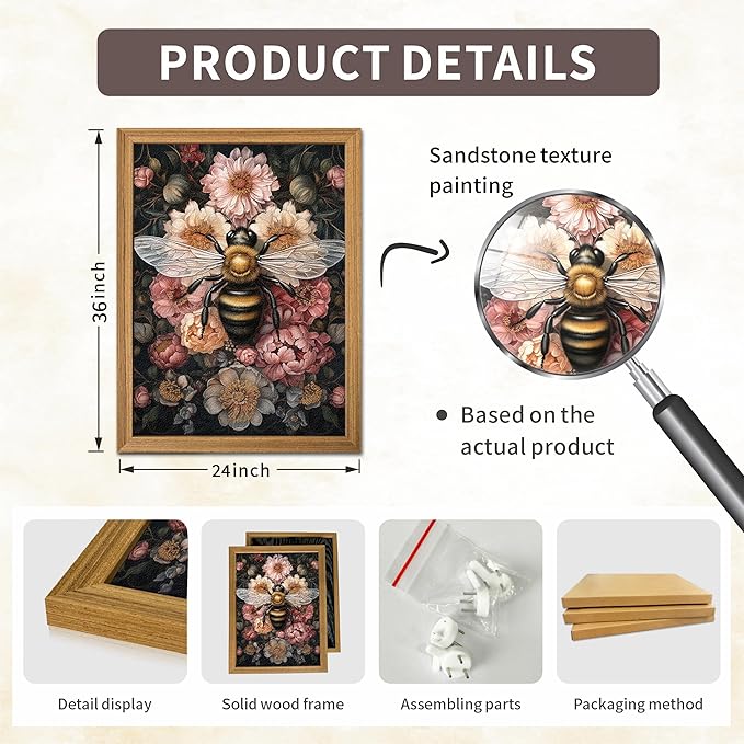 Framed Vintage 3D Textured Wall Art - Dark College Bee Flowers Wall Decor - Hand Drawn Sandstone Nature Botanical Pictures for Living Room Bedroom Home Decor 24x36in