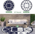 GENIMO 10 ' Round Outdoor Rug for Patio, Waterproof Indoor Outdoor Plastic Straw Rugs Carpet, Reversible Outside Area Mat for Camping, Balcony Porch, Deck, Picnic, Blue White
