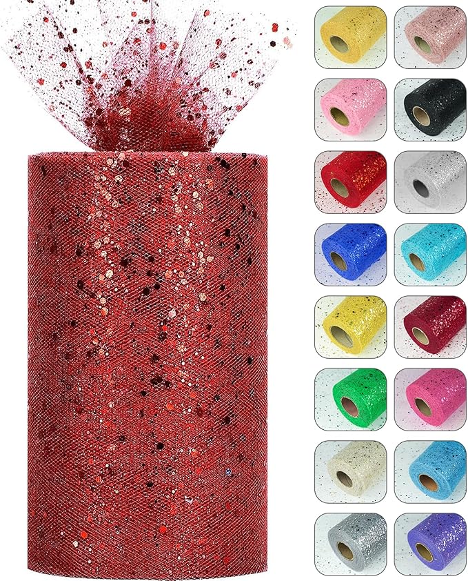 Glitter Tulle Rolls, 6” by 50 Yards (150FT) Sparkling Tulle Spool Ribbon Sequin Tulle Netting Fabric for Tutu Skirt Wedding Birthday Baby Shower (Burgundy)
