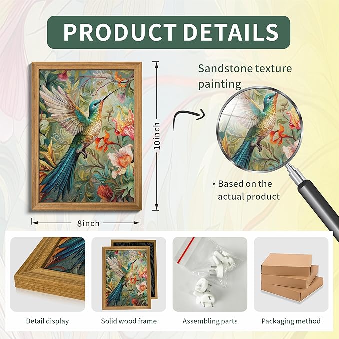 Framed Vintage 3D Textured Wall Art - Colorful Hummingbird Floral Wall Decor - Hand Painted Sandstone Nature Botanical Picture for Living Room Bedroom Home Decor 8x10 inch
