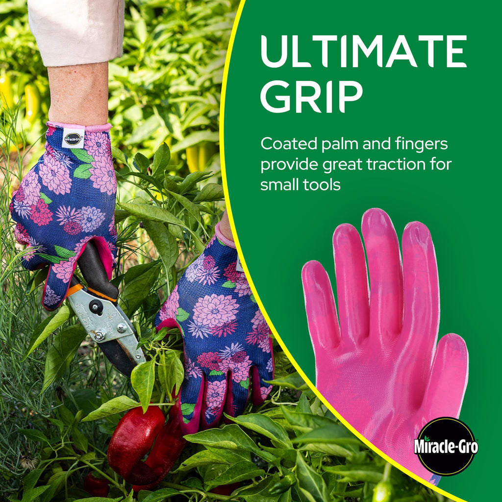 Miracle-Gro Women's Nitrile Coated Grip Floral Pattern Gardening Work Gloves, Extreme Comfort, Excellent Grip, Water Resistant, Pink/Purple, Small, (MG37126/WSM)