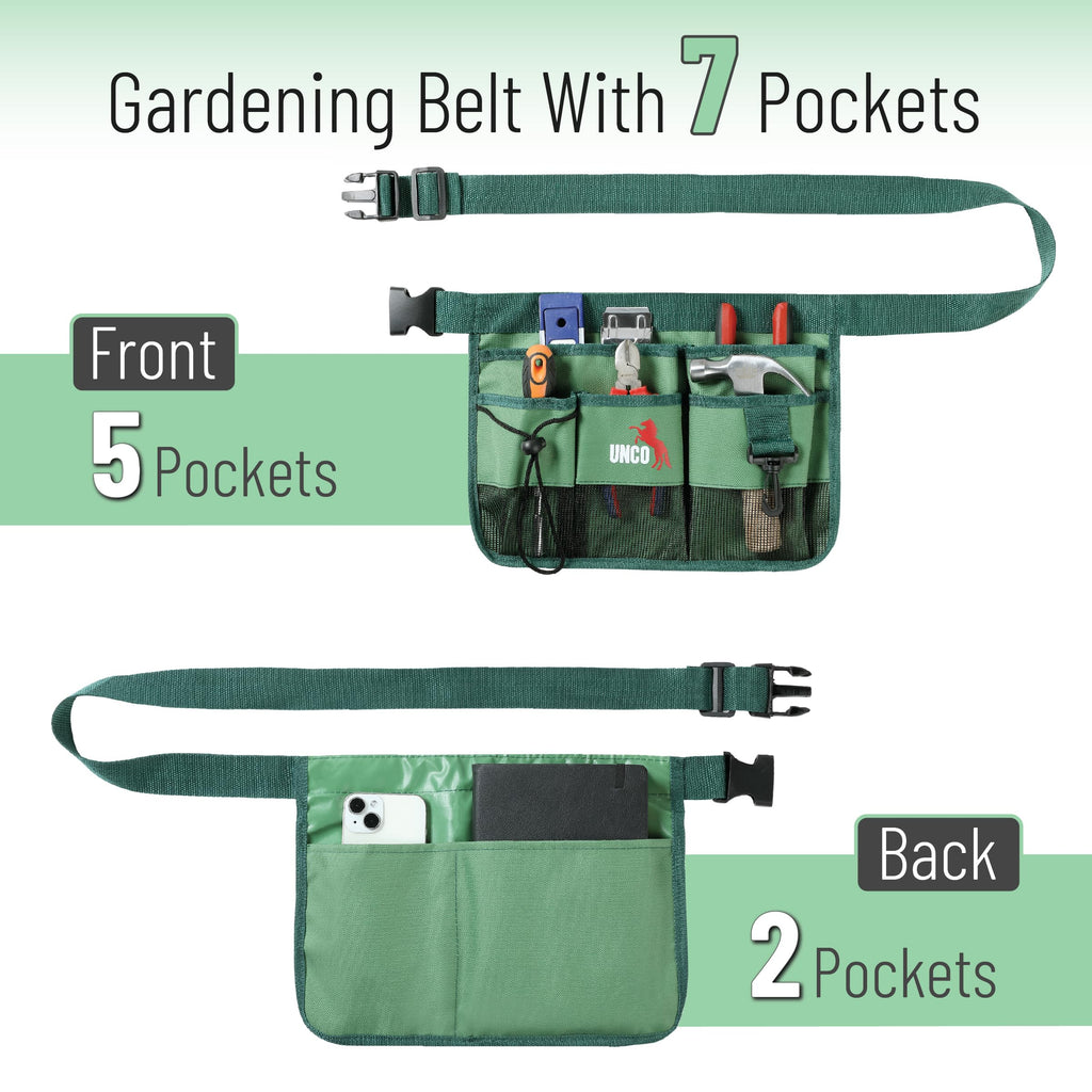 UNCO- Adjustable Gardening Belt, Green, 7 Pockets, Wear, Cut and Water Resistant, Garden Tool Belt Pouch, Waist Apron with Pockets