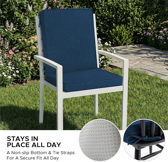Outdoor Chair Cushions, Water-Resistant & Fade-Resistant, Patio Furniture Lawn Dining Chair Seat Replacement with Mid Back, Ties Zipper, Removable Cover, 18 x 16.5 Inch, Set of 2, Navy Blue