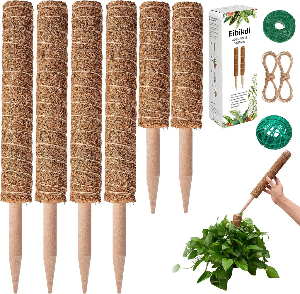 6 Pcs Moss Pole Extending to 68 Inches for Plants Monstera, Plant Support Stakes for Indoor Climbing Plants Grow Upwards, with 65ft Twist Ties, 13ft Jute Rope, 6.5ft Hook-and-Loop Strip