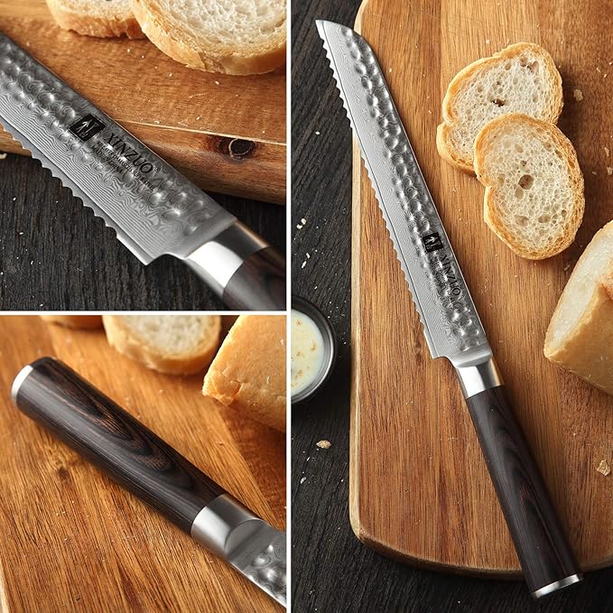 XINZUO 67 Layers Damascus Bread Cutting Knife, 8 Inch Serrated Bread Knife for Homemade Bread Sourdough,Razor Sharp,Dark Brown Pakkawood Handle