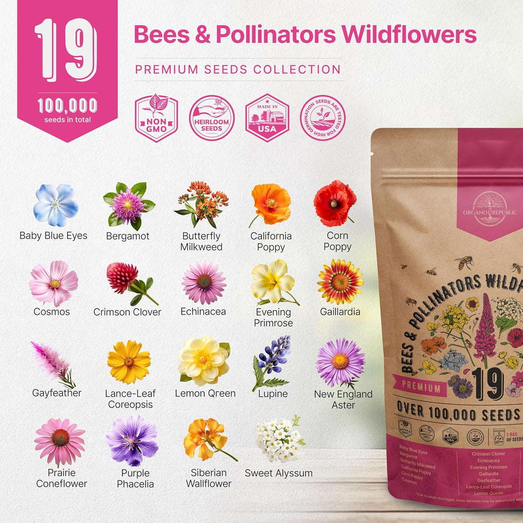 Organo Republic 19 Annual & Perennial Wildflower Seeds Mix for Indoor and Outdoors, Attract Bees & Butterflies. 100,000+ Non-GMO, Heirloom Wildflower Garden Seeds, 4oz Packet for Growing Wild Flowers