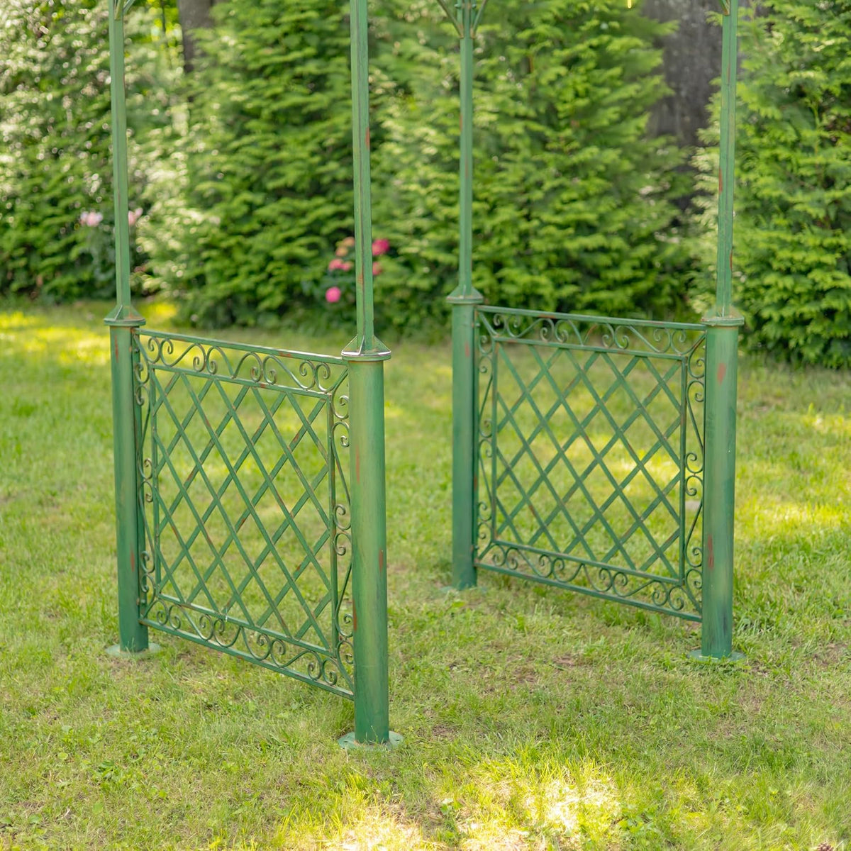 9.5ft T Iron Garden Arch with Embellished Trellis London 1820" (Antique Green)