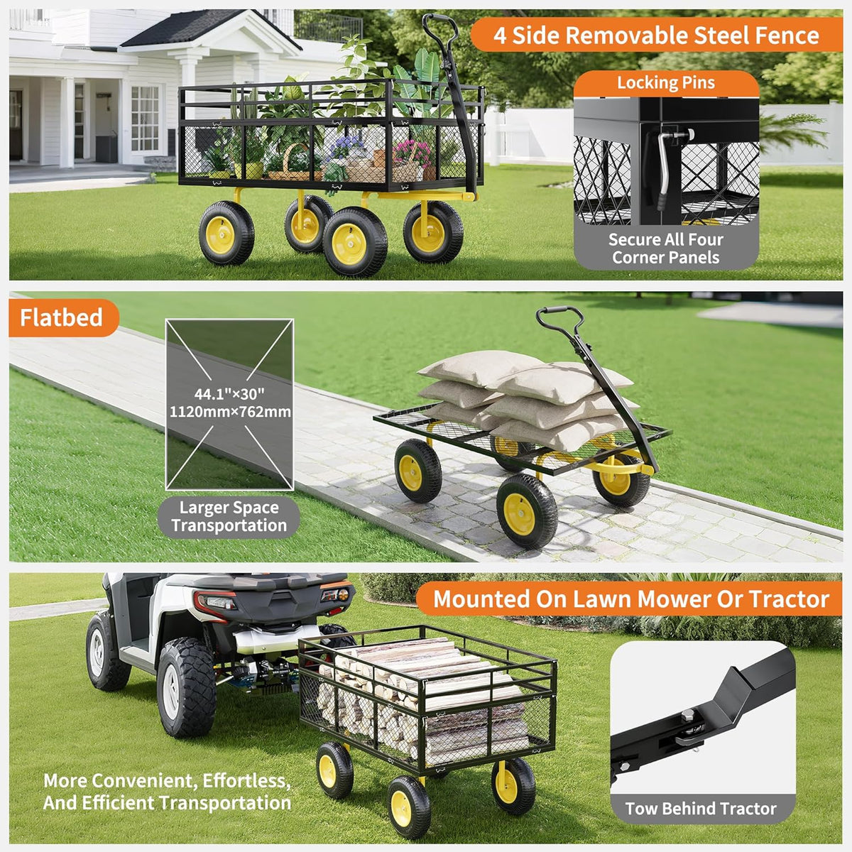 3-in-1 Heavy-Duty Steel Garden Cart, 1400 Lbs Garden Wagon, with 13 Inch All-Terrain Tires and Removable Mesh Side Panels, 180° Rotating Handle, Metal Multi-Function Carts, Outdoor Gardens Wagon Cart