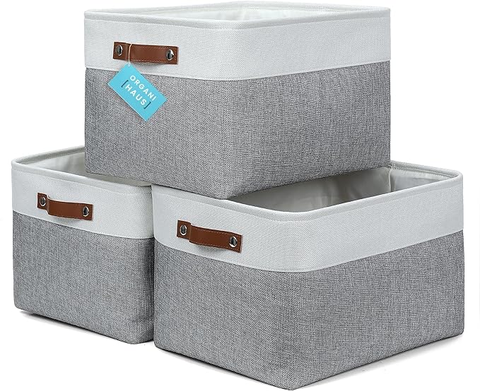 OrganiHaus Extra Large Fabric Storage Baskets for Shelves 3 Pack | 16x13in Closet Storage Bins for Shelves | Cloth Baskets for Organizing | Linen Closet Organizers | Fabric Storage Bin - Gray/White