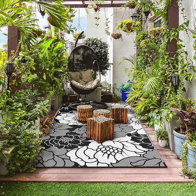 GENIMO Outdoor Rug Waterproof for Patio Decor, 8' x 10' Reversible Plastic Straw Floral Camping Carpet, Large Area Rugs Mats for RV, Camper, Deck, Balcony, Porch, Beach, Picnic, Mix-Black & White