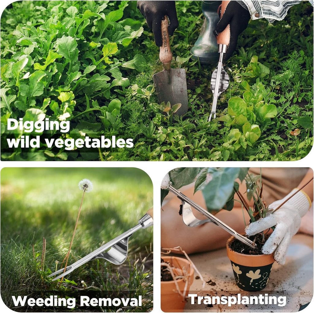 WORKPRO Weed Puller Tool, Metal Leverage Base and V-Shaped Forks for Easy Weed Removal & Deeper Root Digging, Heavy Duty Stainless Steel with Wood Handle, Manual Hand Weeder for Gardening