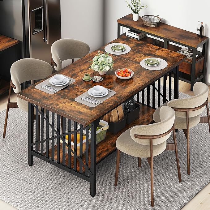 DWVO 70.8" Large Kitchen Dining Table for 6-8 People, Farmhouse Industrial Kitchen Table with Storage, Rectangle Apartment Dinning Room Dinette Tables for Eating Dinner, Rustic Brown
