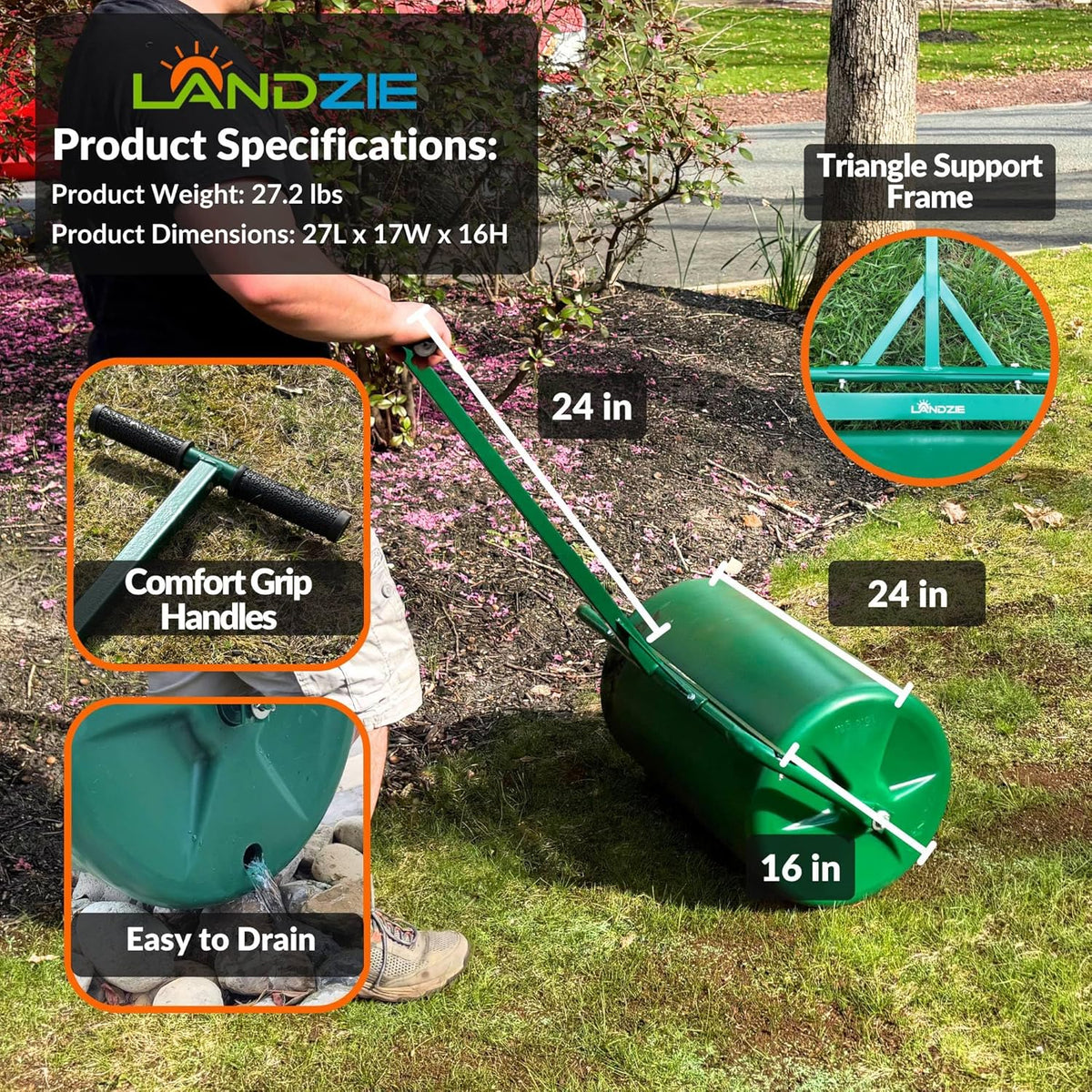 LANDZIE 24 Inch Poly Lawn Roller - 15.8 Gallon Lawn Roller Water Filled Sod Roller and Yard Roller for Pressing in Grass Seed to Improve Germination - Lawn Flattener for Rolls of Sod Lawn Striping Kit