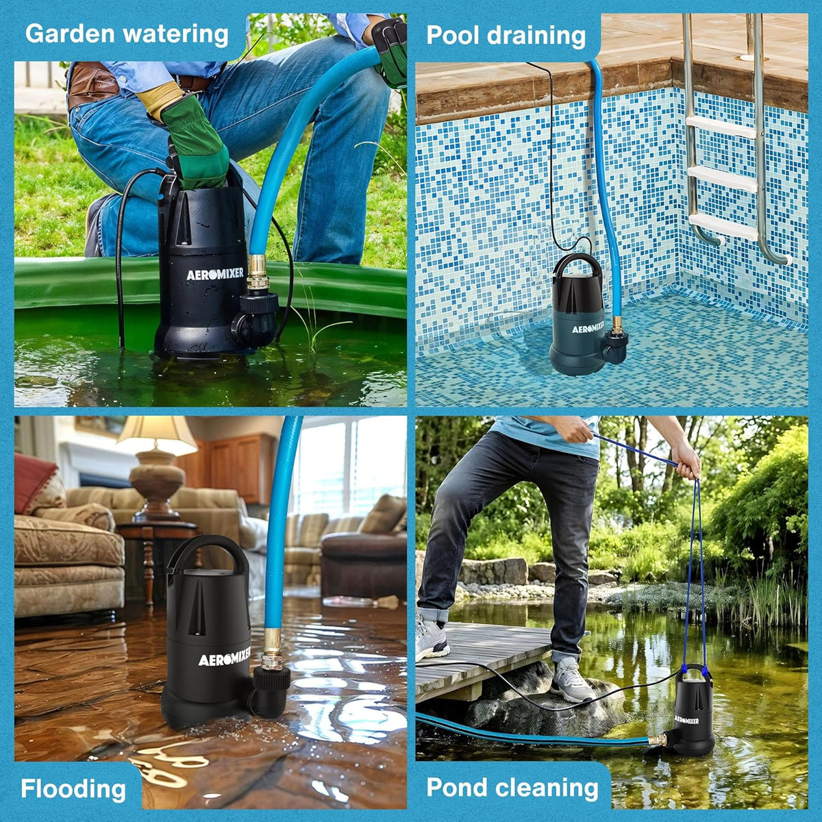 Aeromixer Regular 3/4 HP Submersible Mixing + Aerating Pump with 1 HP Water Transfer Pump Bundle - Water Aerator & Garden Utility Pumps, Nutrient Mixing & Aeration Pumps for Farming & Gardening