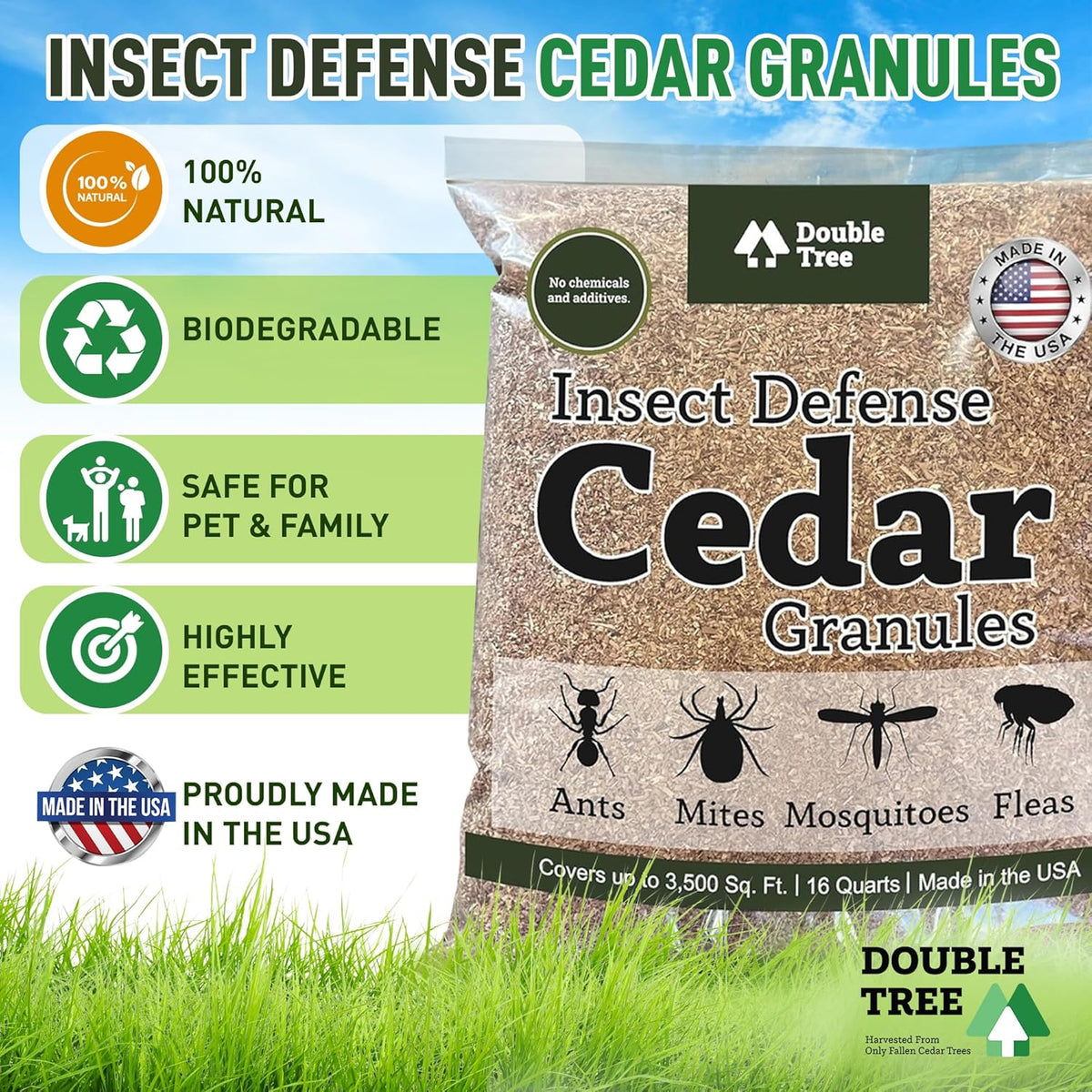 Double Tree Home and Garden Cedar Granules | Repels Fleas, Ticks, Ants, and Mosquitos | Rich Cedar Scent | Non Toxic | Pet Safe | 1 Bag (16 Quarts)