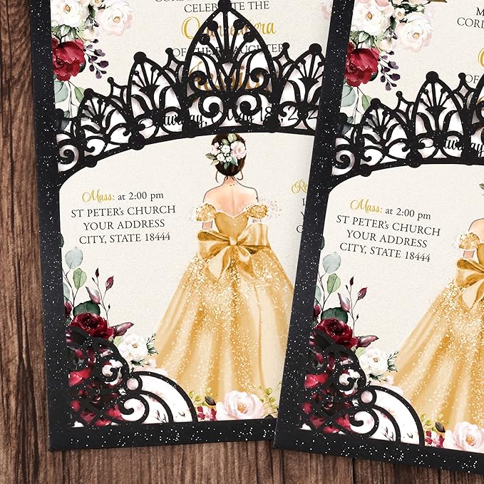 50Pcs Gold Crown Invitations for Quinceanera, 15 year, Sweet 16, Miss XV, Birthday Laser Cut Quince Invitation Cards Personalized Pearlized Black