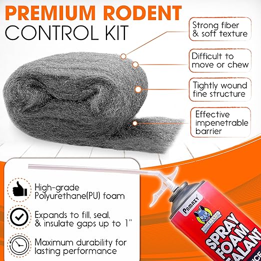[Upgraded] Rodent Barrier Kit, 3Pcs Steel Wool Included 3Pcs PU Spray Foam for Mice Control, 3.2"x7.5’ Rodent Control Fill Fabric, Gloves, Scissors, Gap Blocker in Hole Pipeline Vent in House, Garage