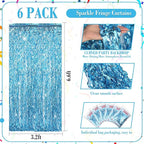 Jutom 6 Pieces 3.3 x 6.6 ft Wavy Tinsel Foil Fringe Curtains Foil Fringe Streamer Backdrop Party Curtain for Sea Mermaid Baby Shower Birthday Party Decoration(Light Blue)