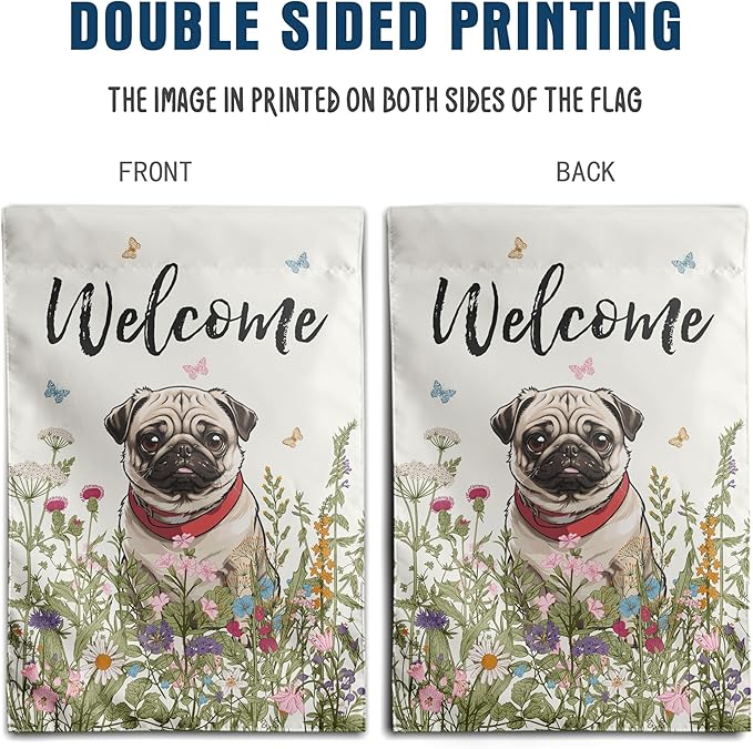 Spring Summer Flower Garden Flag Pug Outdoor Flag Floral Dog Garden Flags for Outside Small Yard Welcome Flags 12x18 Double Sided