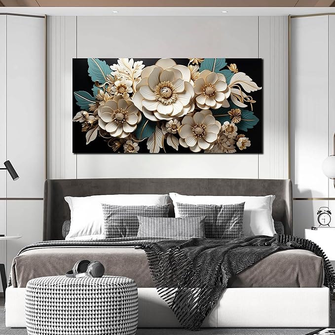 Flower Canvas Wall Art for Living Room Bedroom Home Office White Flower Picture Artwork Large Framed Wall Art Modern Canvas Prints Size 24x48