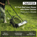 16" Push Reel Lawn Mower with Grass Catcher – Manual 5-Blade Hand Mower, Adjustable 3-Position Cutting Height (0.5"–1.75"), Lightweight & Eco-Friendly – 1-Year Warranty