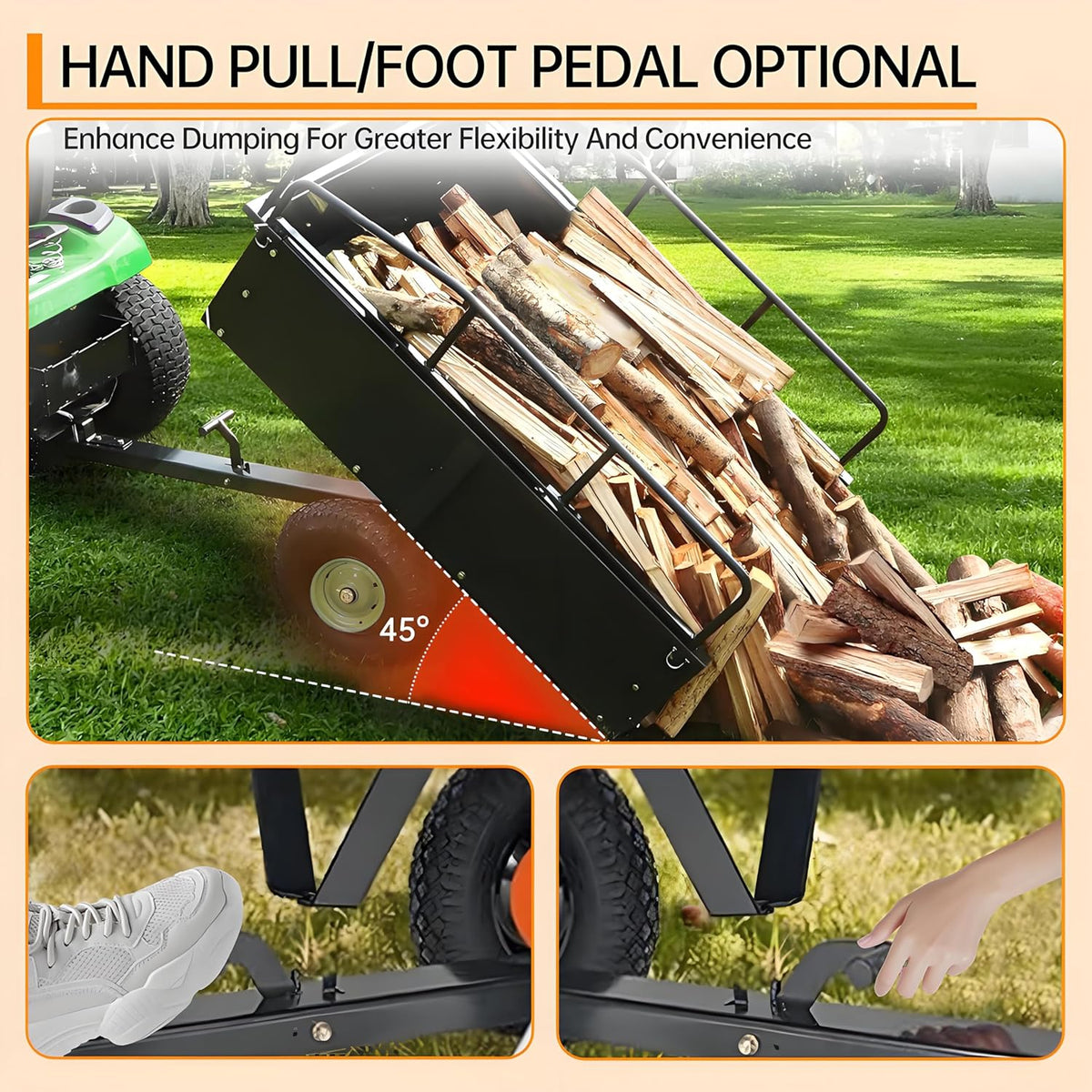 Utility Trailer, Steel ATV Trailer, Heavy Duty Lawn Mower Trailers, 750 Lbs 15 Cu.Ft. with Removable Sides, Pneumatic Tires and Quick Dump Pull Back, Dump Trailers for Gardens, Tractors, and Farms