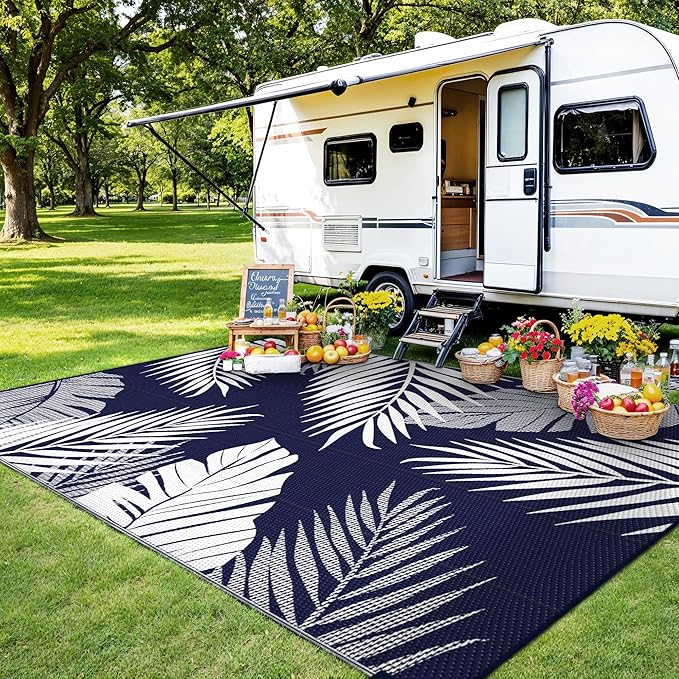 Outdoor Rug 6’x9’ Waterproof for Patio Clearance, Reversible Indoor Outdoor Plastic Straw Camping Rug Carpet, RV Mat, Large Area Rug for Deck, Backyard, Balcony, Porch, Beach, Blue & White