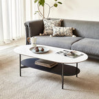 Oval Marble Coffee Table 47.2Inch Modern Living Room Center Table with Sintered Stone Top Dark Grey MDF Bottom Shelf 2-Layer, Sturdy Steel Frame