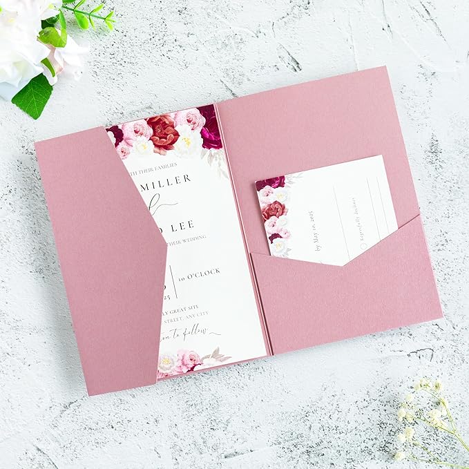 20 PCS Dusty Rose Tri-fold Laser Cut Wedding Invitation Pockets for 5x7 Wedding Cards Bridal Shower Engagement Quinceanera Invitation
