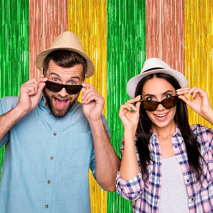 4 Pack Hawaiian Party Decorations, 3.28 FT x 7.05 FT Hawaii Tinsel Backdrop, Green Brown Yellow Foil Curtains Fringe Backdrop Party Streamer, Metallic Summer Decor Luau Party Decorations