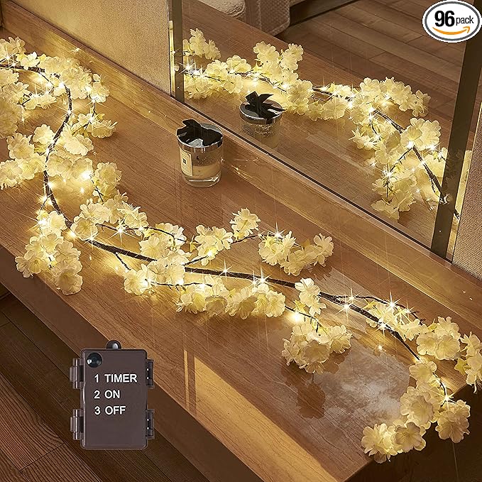Hairui Cherry Blossom 96 LED Fairy Lights 6FT Garland, White, Battery Operated with Timer for Indoor/Outdoor Decor
