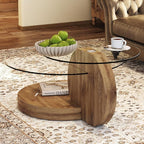Glass Coffee Table, Modern Round Glass Coffee Table with Wooden Base, 3 Tier Round Coffee Table, Clear Cocktail Table with Storage for Living Room, Office, Balcony, Wood
