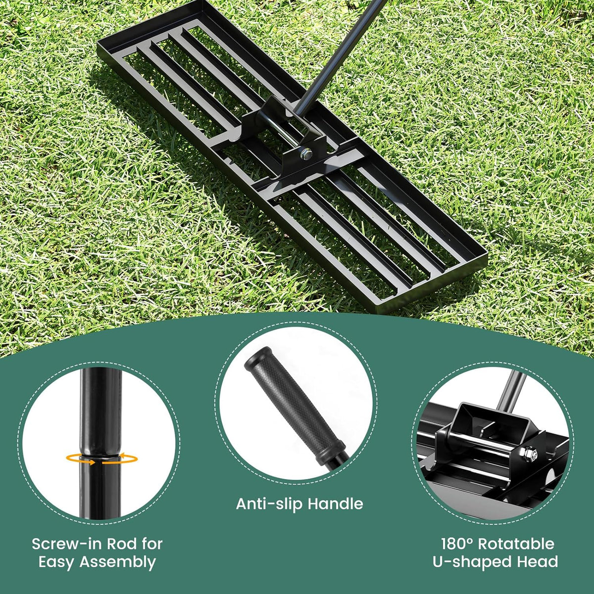 Goplus Lawn Leveling Rake, 36" x 10" Heavy Duty Level Lawn Tool w/ Ergonomic Handle for Soil, Effort-Saving Landscape Rake for Garden, Backyard, Golf Course, Farm, Pasture, Black