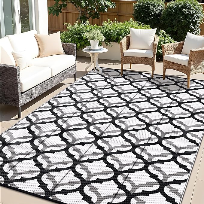 OLANLY Reversible Outdoor Rug 8x10 ft Clearance, Waterproof Outdoor Plastic Straw Rug with Interlacing Pattern, RV Mat for Patio, Camping, Balcony, Deck, Backyard, Black & White