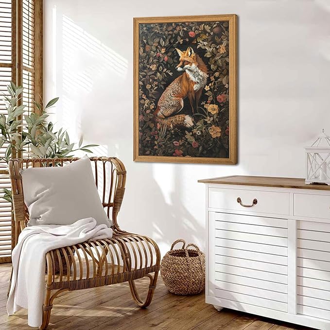 Framed 3D Textured Vintage Wall Art - Dark Academia Decor Hand Drawn Sandstone Fox Paintings with Botanical Florals, Aesthetic Wall Decor for Living Room Bedroom Home 24x36 inch