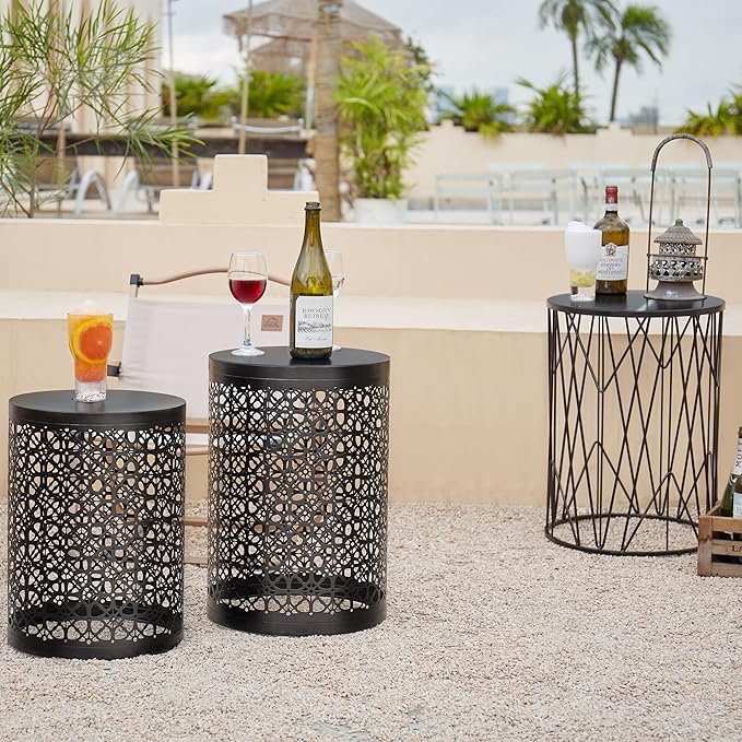 Y&M Set of 3 Stacking Coffee Table for Living Room, Nesting Side Table,Indoor End Tables for Bedroom, Outdoor Decorative Garden Stool with Heavy Duty Metal Frame Modern Industrial Decor - Black