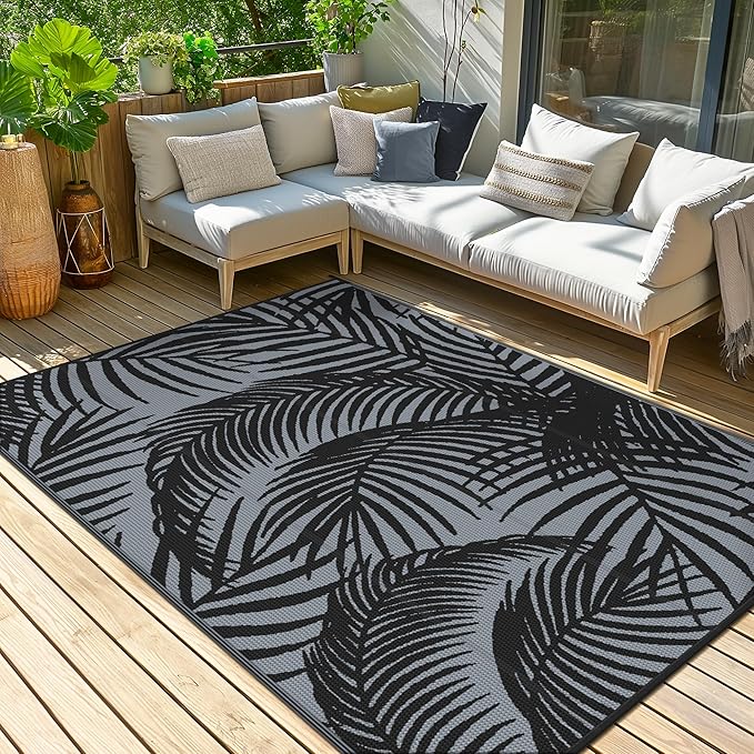 GENIMO Outdoor Rug 6' x 9' Waterproof for Patio Clearance, Reversible Plastic Straw Camping Carpet, Lightweight Mats for Rv, Backyard, Deck, Porch, Picnic, Beach, Balcony, Mix-Black & Gray