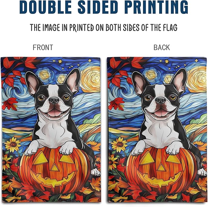 Stained Glass Boston Terrier Fall Garden Flag Halloween Pumpkin Yard Signs Autumn Sunflower Thanksgiving Banner for Outside 12x18 Double Sided Small Dog Outdoor Decorative