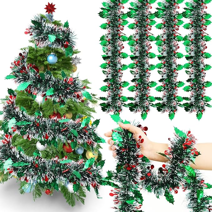 72 Feet Christmas Tinsel Garland Shiny Metallic Tinsel Twist Garland Streamers Ornaments Long Glitter Christmas Tree Hanging Decorations for Party Holiday Wedding Birthday Tree (Dark Green White)