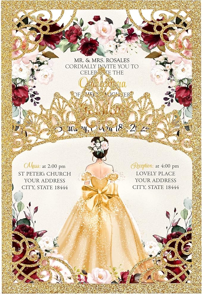 50Pcs Gold Crown Quinceanera Invitation for 15 year, Sweet 16, Miss XV, Birthday Laser Cut Quince Invitation Cards Personalized Glitter Gold