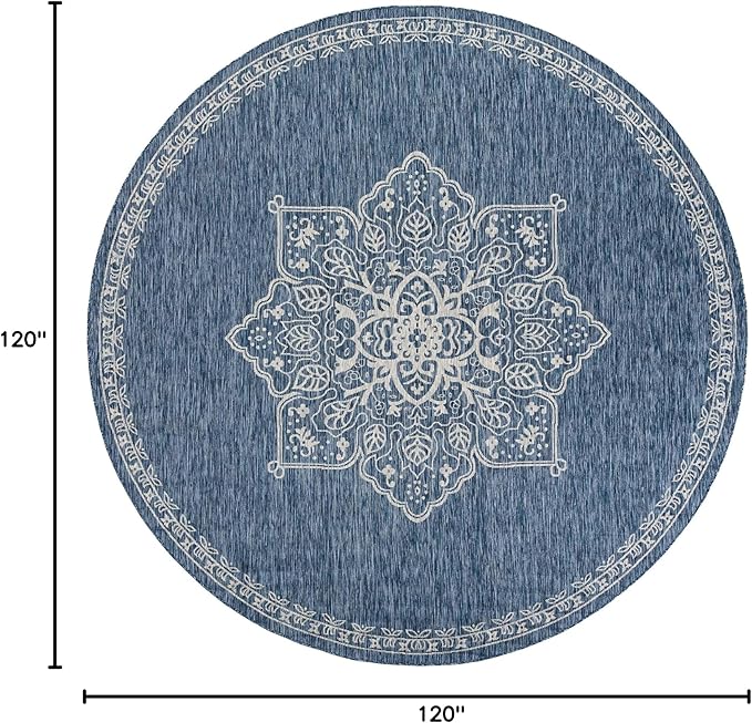 Unique Loom Outdoor Traditional Collection Area Rug - Antique (10' Round Blue/Ivory)