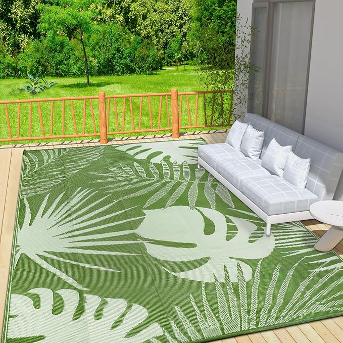 Waterproof Outdoor Rug 9x12 ft, Reversible Plastic Straw Mat with Leaf Pattern, Large Floor Mat for Patio, Camping, Picnic, Backyard RV, Deck, Light Green