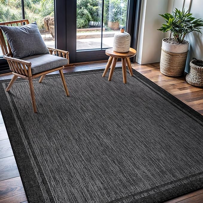 CAMILSON Indoor Outdoor Rug, 6x9 Bordered Dark Grey Black Modern Area Rugs for Indoor and Outdoor Patios, Kitchen and Hallway Mats, Washable Porch Deck Outside Carpet (Bordered Black, 6 x 9)