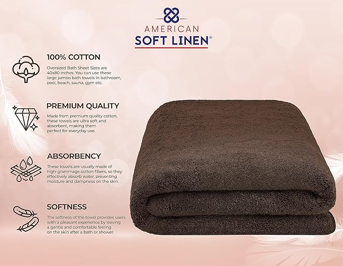American Soft Linen Oversized Bath Sheet 40x80 Extra Large for Bathroom, 600 GSM 100% Cotton Turkish Jumbo Bathsheet Towels for Adults, Brown Bath Sheet