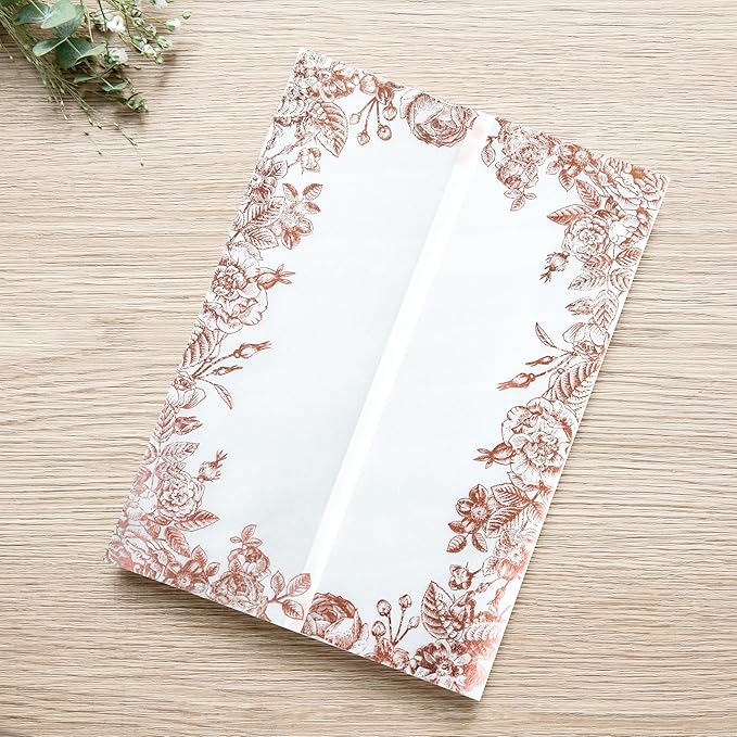 PONATIA 50 PCS Vellum Jackets for 5x7 Wedding Invitation Cards- 135gsm Floral Printed Vellum Sleeves, Invitation Cards Wraps (Rose Gold Foil)