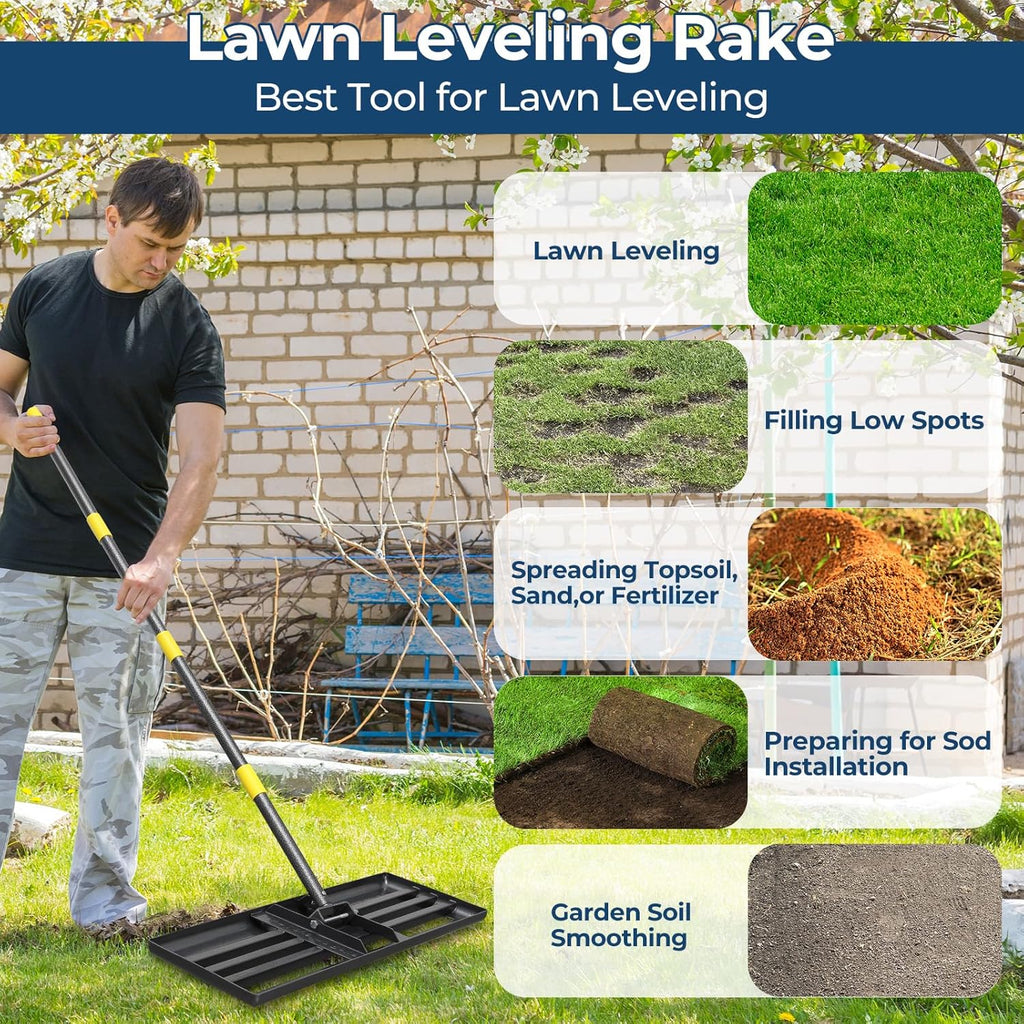 Professional Lawn Leveling Rake 30x10in - Heavy Duty Leveling Tool with 72in Adjustable Stainless Steel Handle | Golf Field Sand Spreader, Football Pitch Grass Leveler | Rustproof Turf Grading Rake